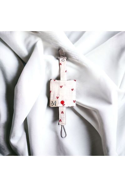 Medusa Kids Heart Patterned Muslin Fabric Covered Pacifier Strap