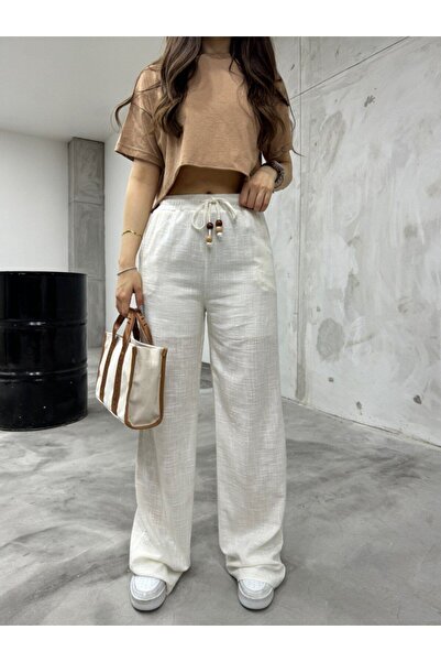 BİKELİFE Women's Linen Waist Elastic Lined Wide Cut Pants
