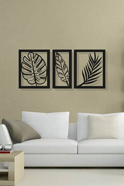 Aoz atölye Yaprak Desenli Siyah Ahşap Tablo Mdf Lazer Kesim 3mm Duvar Dekorasyon Süsü (KENDİNDEN YAPIŞKANLI)