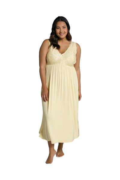 MAMAYAGA Women's Lace Detail Strappy Lemon Yellow Stylish Long Plus Size Curve Viscose Nightgown Dress