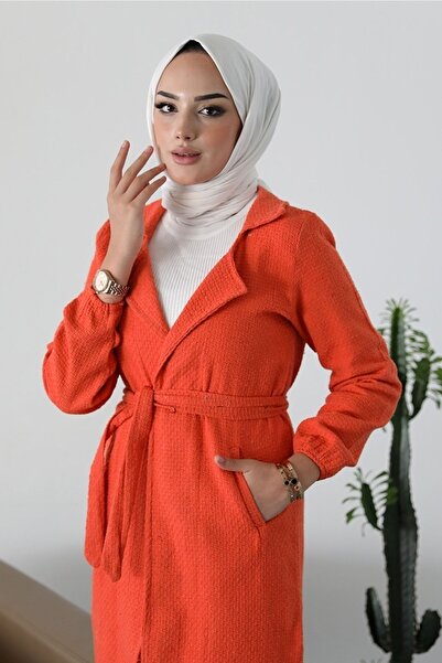 Bestenur Alçin Double Breasted Collar Belted Hijab Cardigan 365 - Orange
