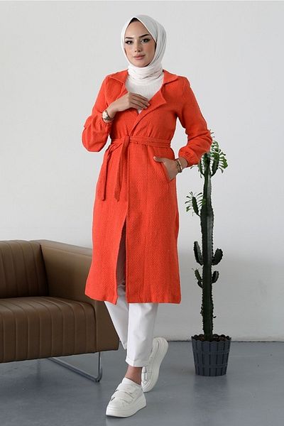 Bestenur Alçin Double Breasted Collar Belted Hijab Cardigan 365 - Orange