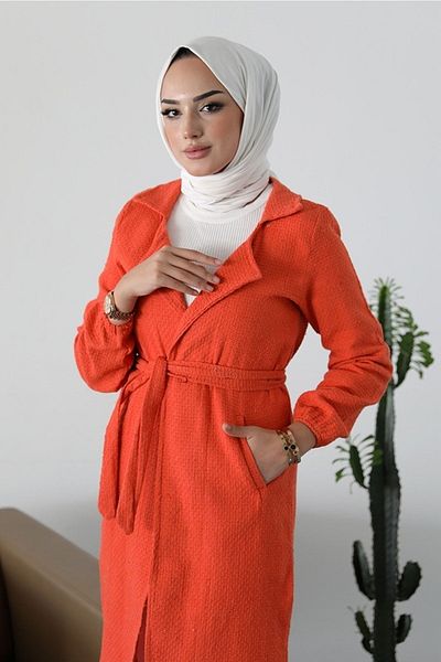 Bestenur Alçin Double Breasted Collar Belted Hijab Cardigan 365 - Orange