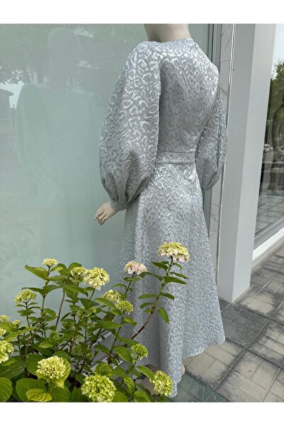 Kayra Jakarlı Balon Kol Elbise Gri