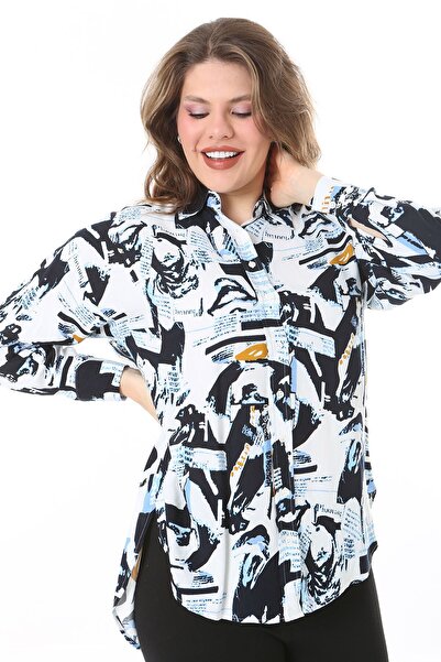 Şans Cămașă pentru femei de mărime mare cu modele colorate - nasturi în față, spate lung 65N38022