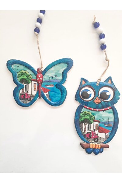 2-Piece Butterfly and Owl Figure Evil Eye Beaded Jute Drawstring Terrace Garden Balcony Summer Wall Decoration Ornament