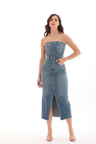 Darkly Jeans Kadın Mavi Likralı Straplez Denım Elbise