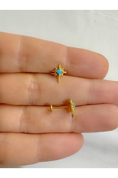 Arescollection MAVİ  taşlı 1 ADET önden takmalı arkası düz tragus helix kulak memesi kıkırdak uyumlu piercing küpe