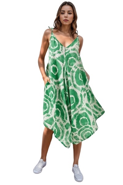 Cassime Green Patterned Linen Viscose Women's Jumpsuit - Rope Strap, Comfortable Cut