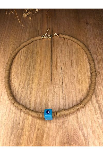 Bella Square Blue Evil Eye Bead Pendant Special Design Autumn Brown Fimo Necklace