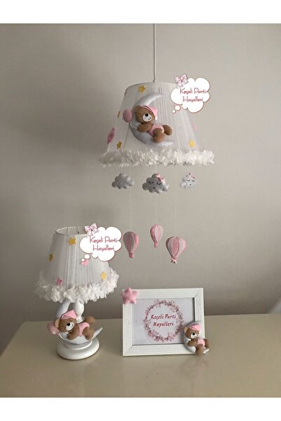 Keçeli parti hayalleri bebek çocuk odası avize set beyaz çiçekli ayıcık kahve açık pembe balonlu