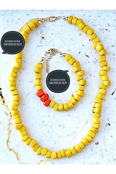 bizizmoda مجموعة قلادة الخرز الزجاجي الأصفر الأصلي