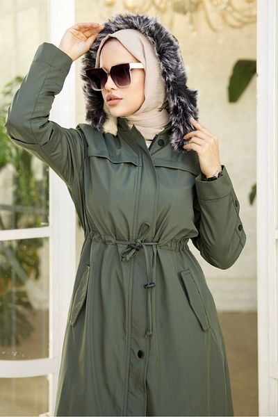 Bestenur Παλτό Hijab με κρυφό φερμουάρ και ζώνη τούνελ 403 - Χακί
