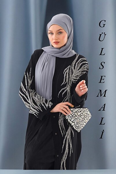 GÜLSEMALİ Şık ve Lüks Abaya Ferace Dubai İpeği Kumaşından Özel Dantel İşlemel...