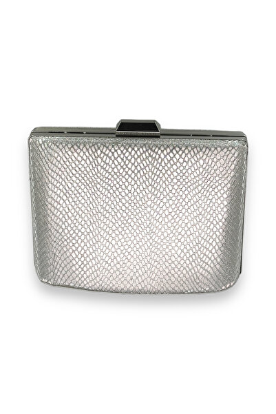 Biçanta Μεταλλική βραδινή τσάντα μεγάλου μεγέθους με μοτίβο λέιζερ σε γκρι λαμέ χρώμα - λουράκι αλυσίδας λαβής