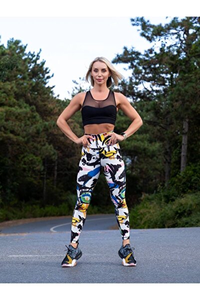 lismina Beyaz Üstüne Renkli Desenli Ekstra Yüksek Bel Toparlayıcı Tayt