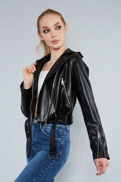 MEECY Women's Black Leather Jacket with Zippered Sleeves