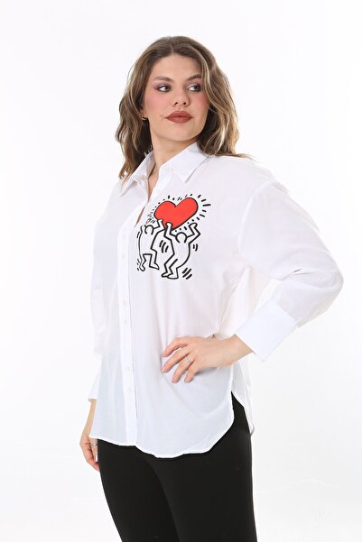 Şans Női nagy méretű fehér elöl gombnyomásos nyomott ing 65n38021