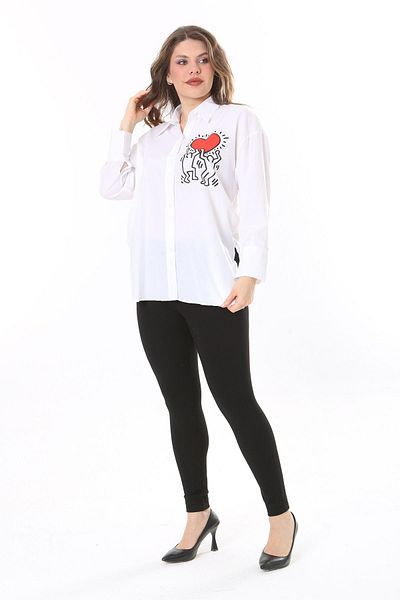 Şans Women's Large Size White Front Button Printed Shirt 65N38021
