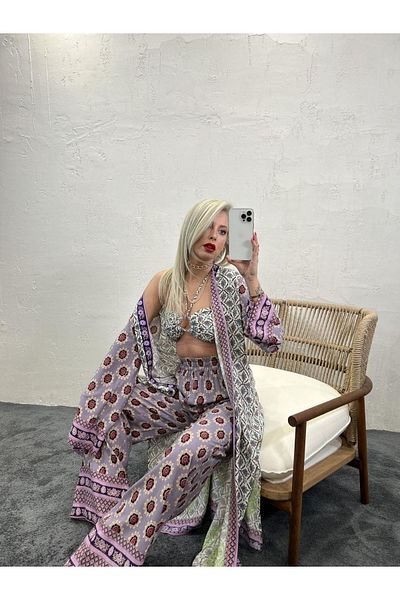 NFS BUTİK 3 Piece Patterned Cotton Viscose Kimono Set