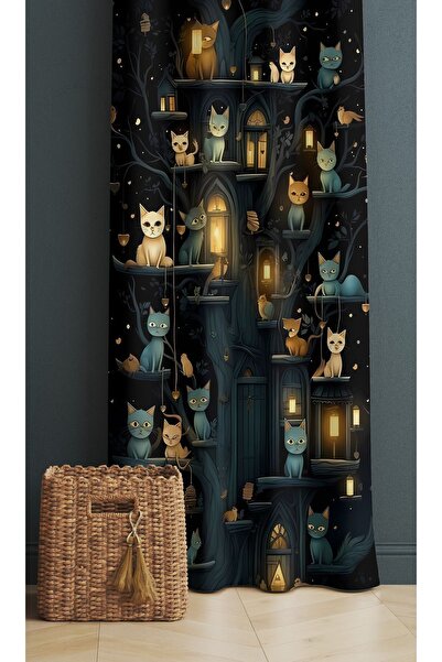 ALAMODECOR Ev ve Kedi Model Tek Kanat Genç Odası Fon Perde