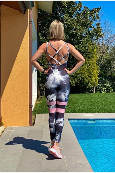 lismina Duman Desen Çift Çapraz İp Detaylı Spor Tayt Tulum