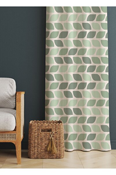 ALAMODECOR Krem Ve Yeşil Renk Yaprak Iskandinav Desenli Baskılı Fon Perde ( T...
