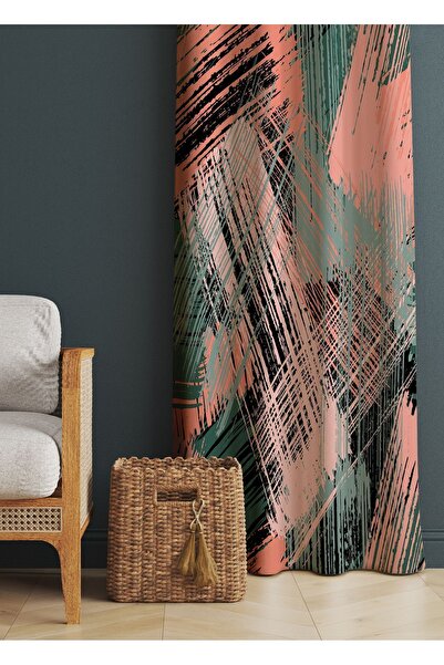 ALAMODECOR Yavru Ağzı Ve Yeşil Renk Yağlı Boya Desenli Baskılı Fon Perde (TEK...