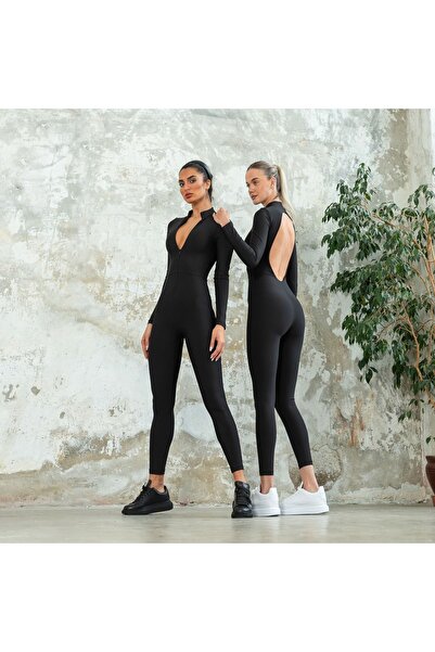 lismina Siyah Sırtı Açık Uzun Kollu Spor Tayt Tulum