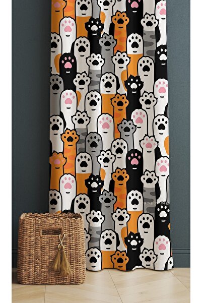 ALAMODECOR Kedi Patisi Desenli Tek Kanat Genç Odası Fon Perde