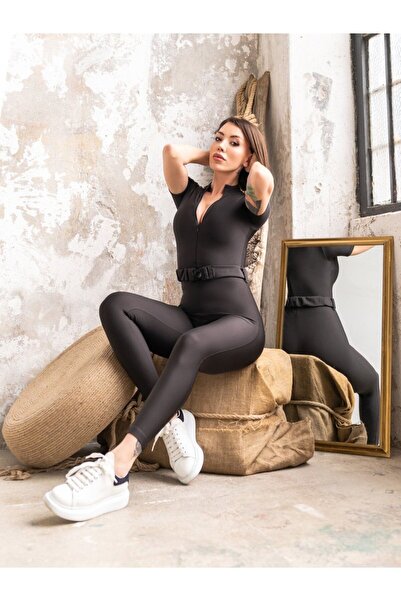 lismina Siyah Kemerli Kısa Kollu Spor Tayt Tulum