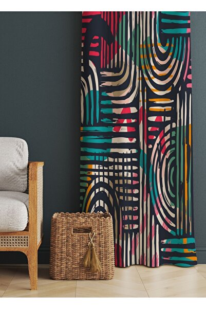 ALAMODECOR Renkli Geometrik Etnik Desenli Baskılı Fon Perde (TEK KANAT)