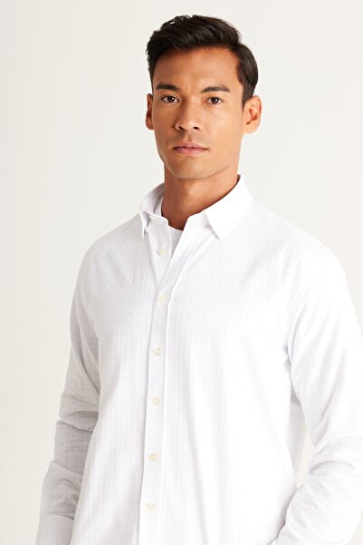 AC&Co / Altınyıldız Classics Men's White Comfort Fit Relaxed Cut Hidden Button Collar 100% Cotton Checked Shirt