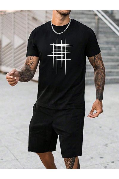 Mythologie Black Striped Oversize T-Shirt and Shorts Set - Crew Neck