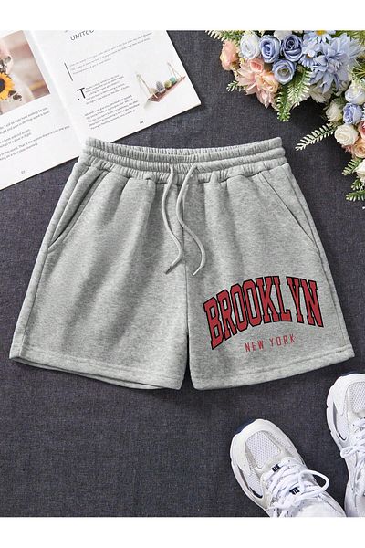 Mythologie Pantaloni scurți tricotați cu talie înaltă, cu imprimeu gri Brooklyn - Cu buzunar