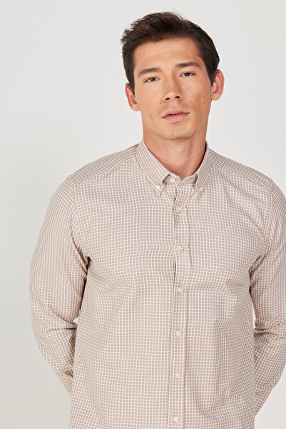 ALTINYILDIZ CLASSICS Men's Beige-White Slim Fit Slim Fit Buttoned Collar Cotton Checkered Shirt