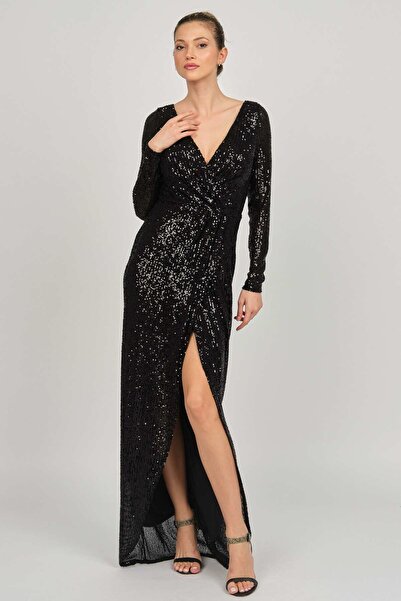 DORİDORCA فستان سهرة طويل بأزرار مزدوجة نسائي 5929232 أسود