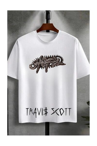 JoneBase تي شيرت قطني كبير الحجم مطبوع للجنسين من ترافيس سكوت