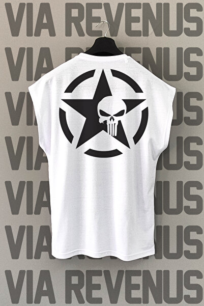 Vordevia Tricou sport cu imprimeu pe spate Punisher alb - mâneci zero