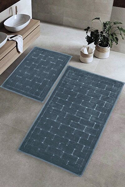 Hevia Home طقم سجاد حمام من القطن الطبيعي مكون من قطعتين سجادة حمام أنثراسايت