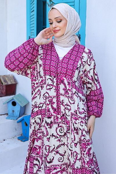 Bestenur Lila Viskose gemustertes gewebtes Kleid 985 - Wasser