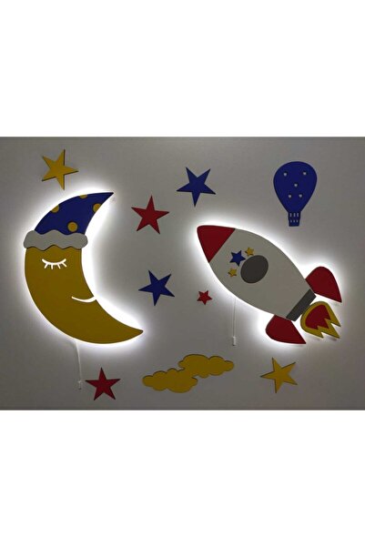 fabrikahşap Çocuk Odası Dekoratif Ahşap Ay Roket Gece Lambası Ledli Aydınlatma