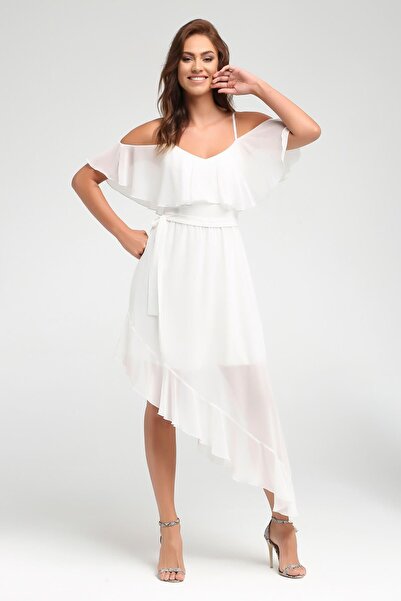 Laranor Γυναικείο εκρού φόρεμα ώμου και φούστας με λεπτές λεπτομέρειες