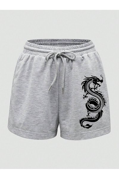 modaberry Gray Dragon Design Combed Cotton Shorts - Pocketed Summer