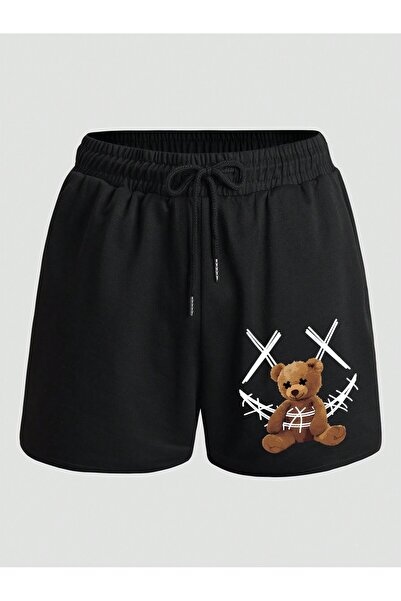 modaberry Bear California Printed Black Combed Cotton Shorts - Pocketed Summer
