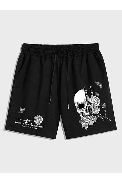 Mythologie Black Combed Cotton Shorts - Skull Design, Pocket and Summer