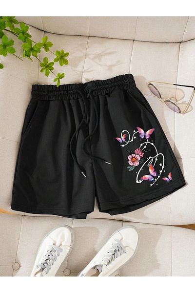 Mythologie Pantaloni scurți din bumbac pieptănat cu flori cu imprimeuri florale negre - vară cu buzunar