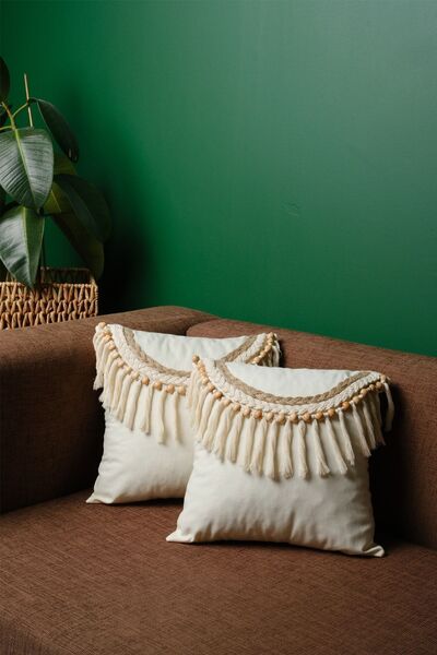 elyese Makrome Kırlent Kılıfı Boncuklu Püsküllü Ekru Kırlent Kılıfı 2 Adet 40x40 Yastık Kılıfı