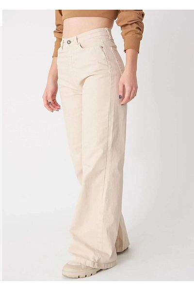 LAMİRAMOOD Pantaloni de damă Palazzo din denim bej cu talie înaltă - 100%