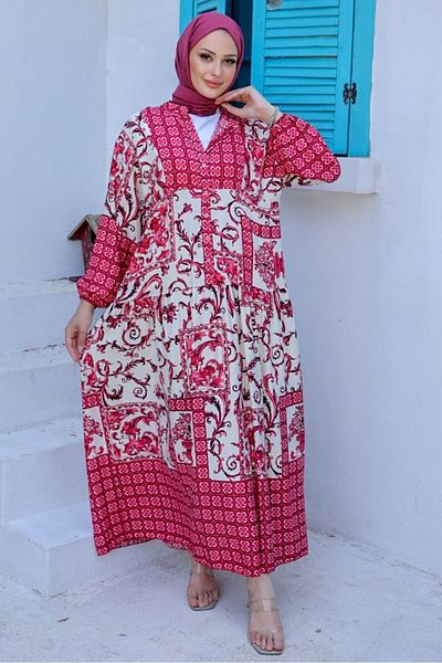 Bestenur Fuchsia Viscose Dress - Water Pattern, Woven, Model 985